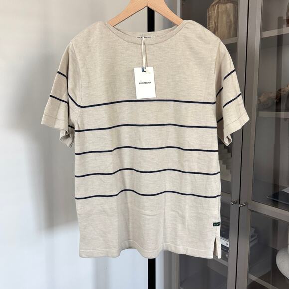 Knickerbocker Flamme Dock Knit Short Sleeve Shirt S NEW Stripe Tan Navy Crewneck - Picture 1 of 6
